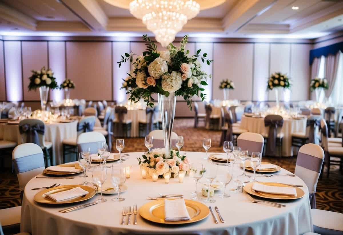 A wedding venue with elegant decorations and a grand banquet table set with luxurious place settings and floral centerpieces