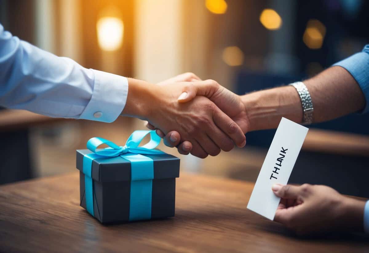 A pair of hands exchanging a gift box with a bow, a thank you card, and a handshake