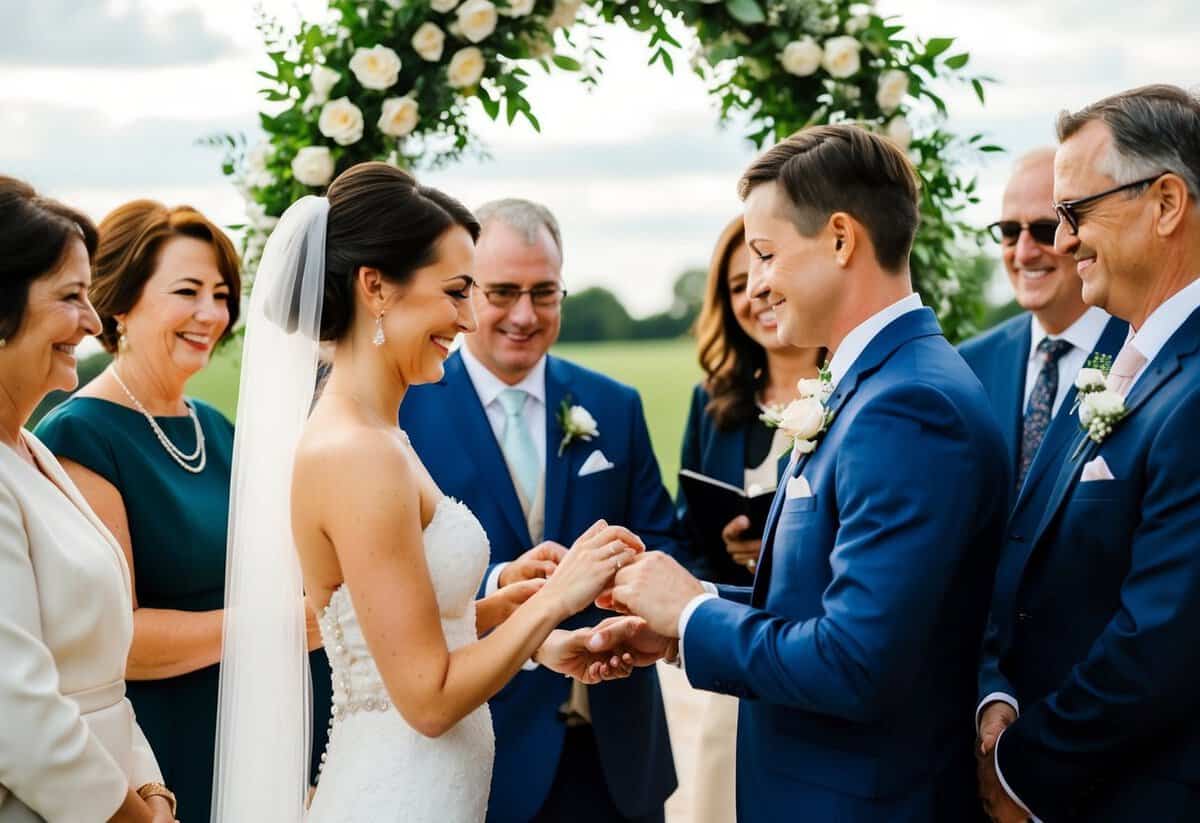 A bride and groom exchanging rings while surrounded by family members at a wedding ceremony