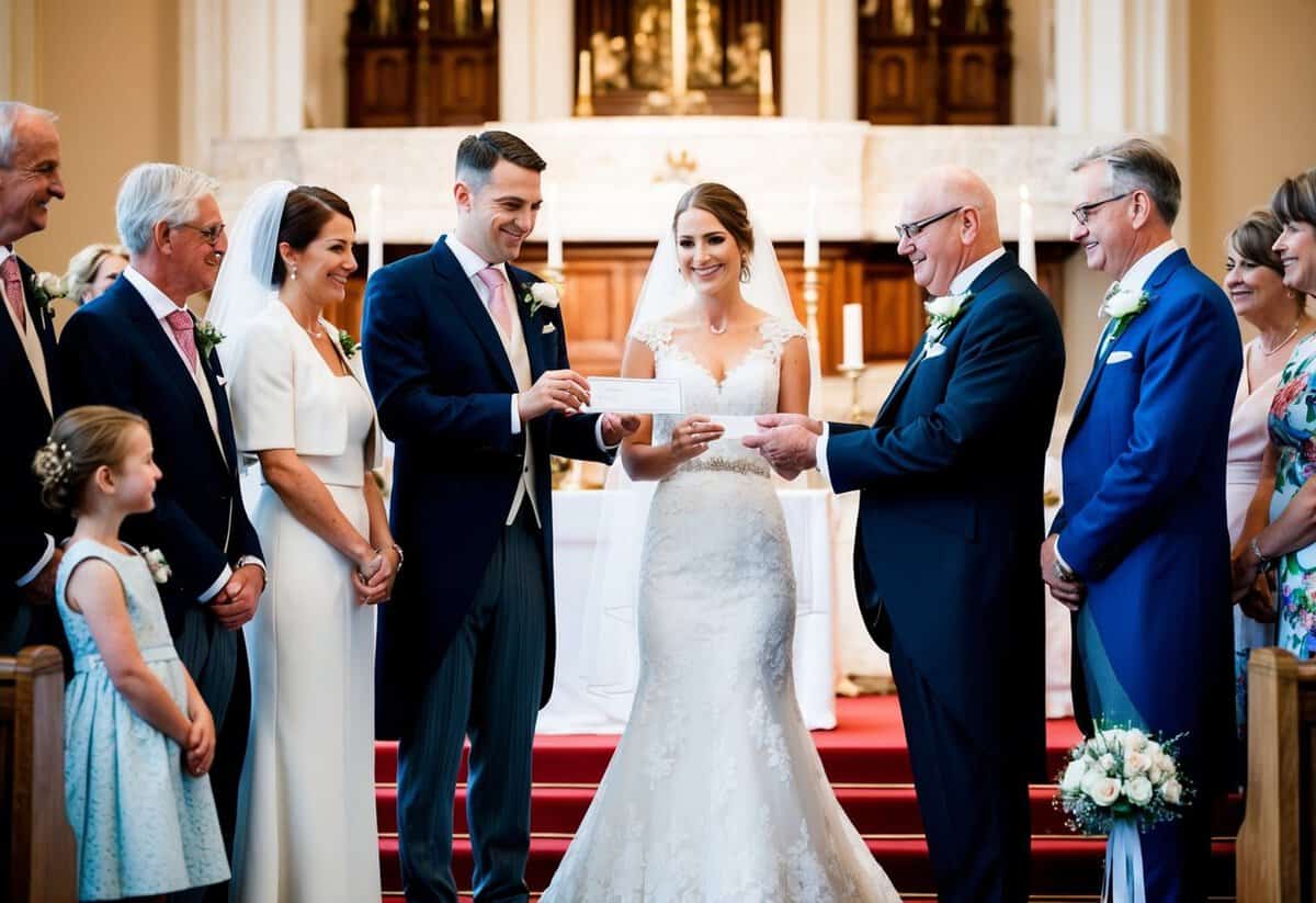 A bride and groom standing at the altar, surrounded by their families. The groom's family is presenting a check to the bride's family, symbolizing the tradition of the groom's family paying for the wedding in the UK