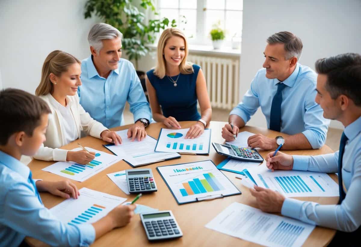 A family sitting around a table, discussing wedding expenses and budgeting, with papers, calculators, and a wedding planner spread out in front of them