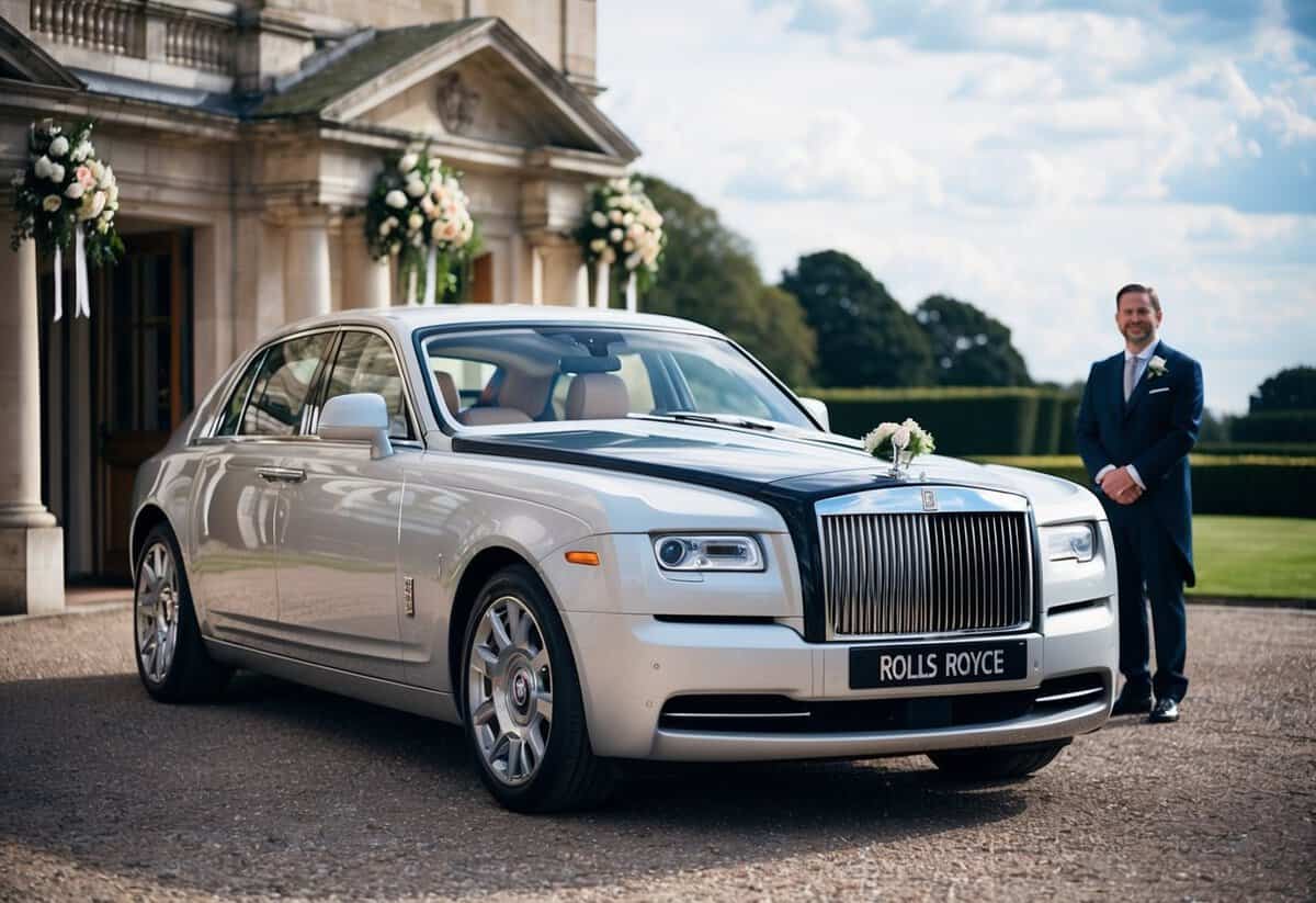 A Rolls-Royce parked outside a grand wedding venue, adorned with flowers and ribbons, with a chauffeur standing nearby
