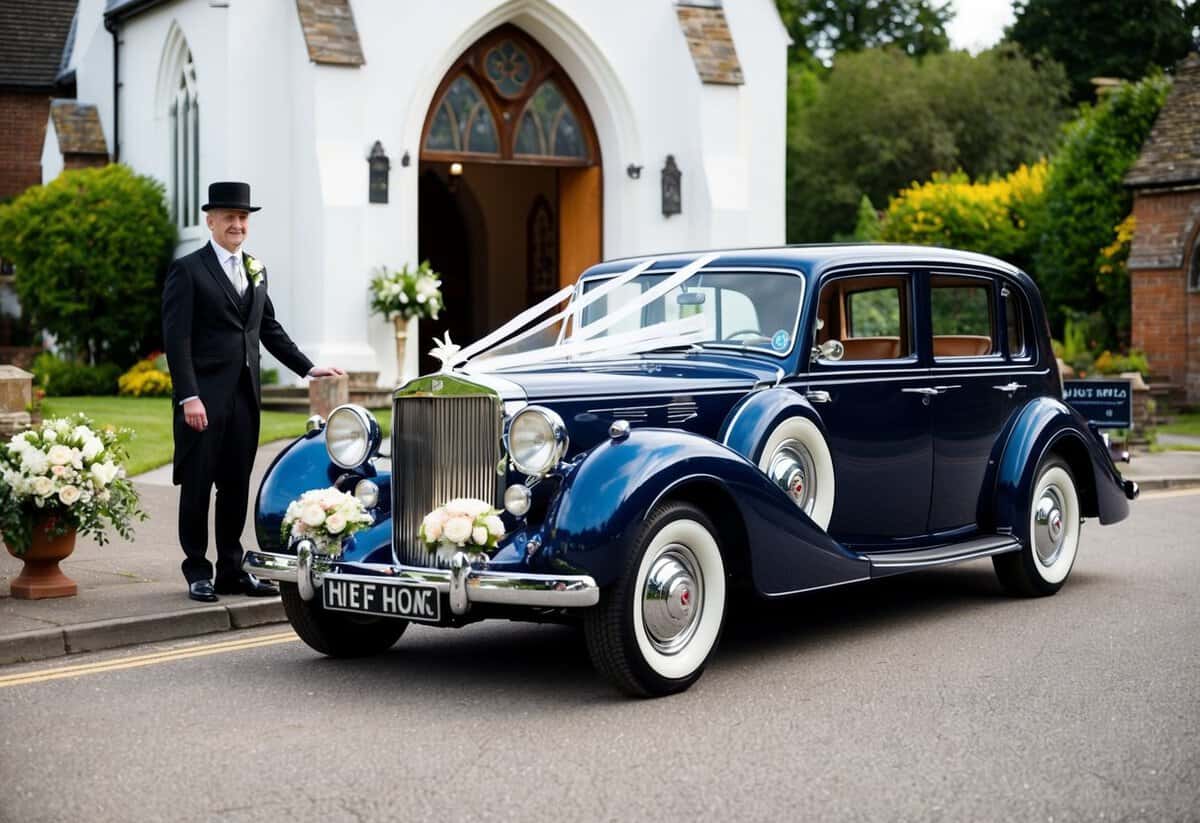 A vintage car waiting outside a church, adorned with ribbons and flowers. A chauffeur stands by, ready to open the door for the newlyweds