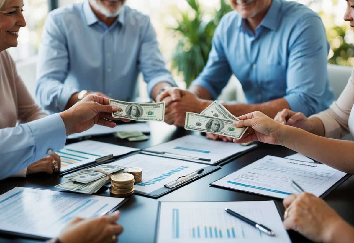 A family meeting, money exchanging hands, wedding planning documents spread out on a table