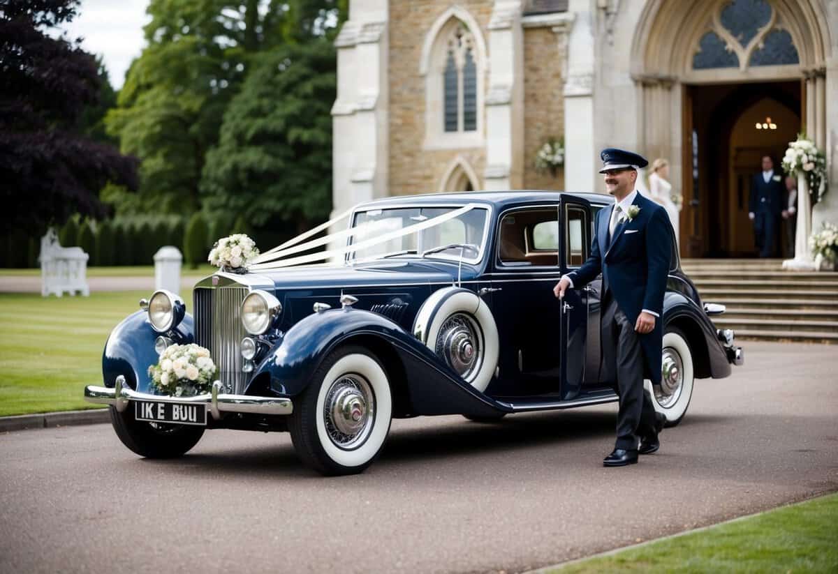 A vintage car pulls up to a grand church, adorned with ribbons and flowers. A chauffeur in a crisp uniform holds the door open for the bride and groom
