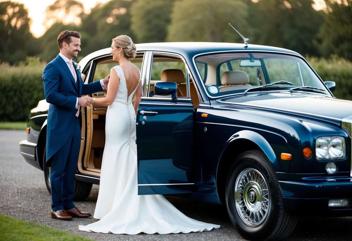 A newlywed couple standing next to a luxurious Rolls-Royce, with a chauffeur opening the car door for them