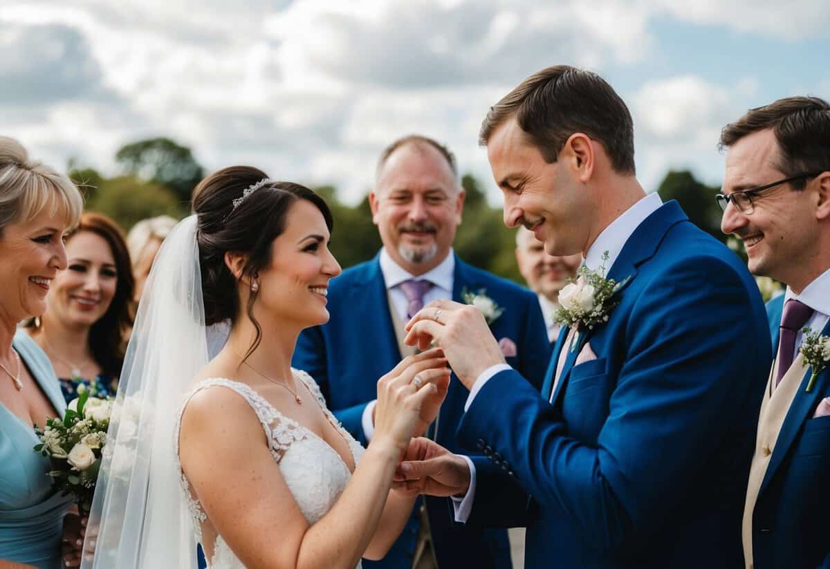 A groom placing a ring on the bride's finger, surrounded by family and friends, symbolizing the traditional UK wedding where the groom's family traditionally pays for the ceremony