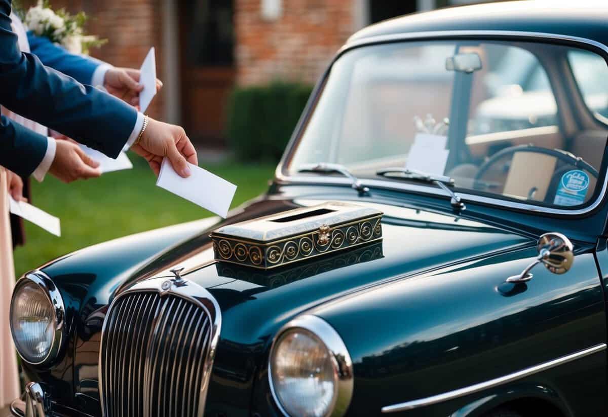 A vintage car parked outside a wedding venue, with a decorated money box on the hood. Guests dropping envelopes into the slot