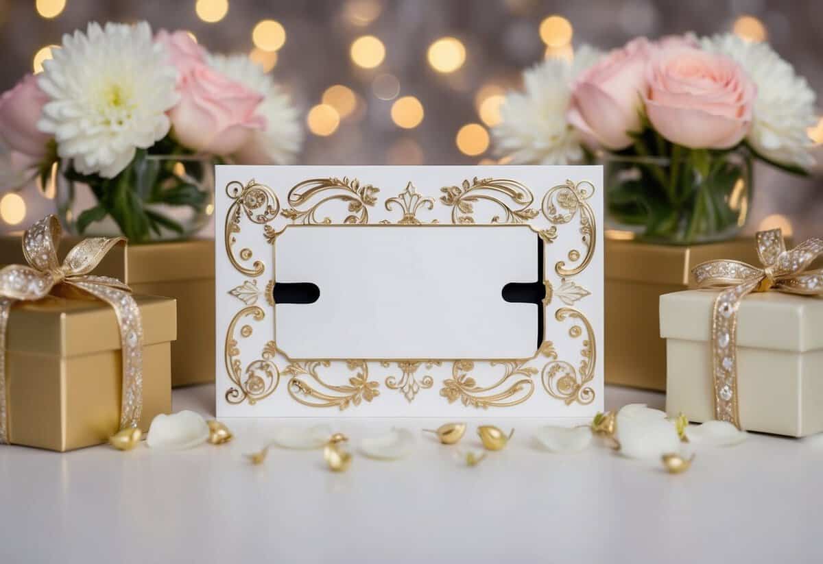 A decorative wedding card with a slot for money, surrounded by elegant gift boxes and flowers