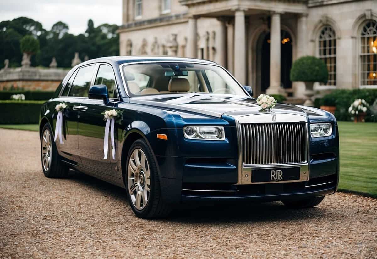 A Rolls Royce Phantom parked outside a grand wedding venue, adorned with ribbons and flowers, ready for the bride and groom to depart in style