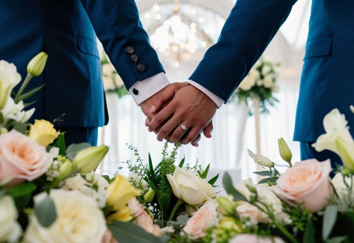 A bride and groom holding hands while surrounded by wedding-related expenses such as flowers, rings, and a venue