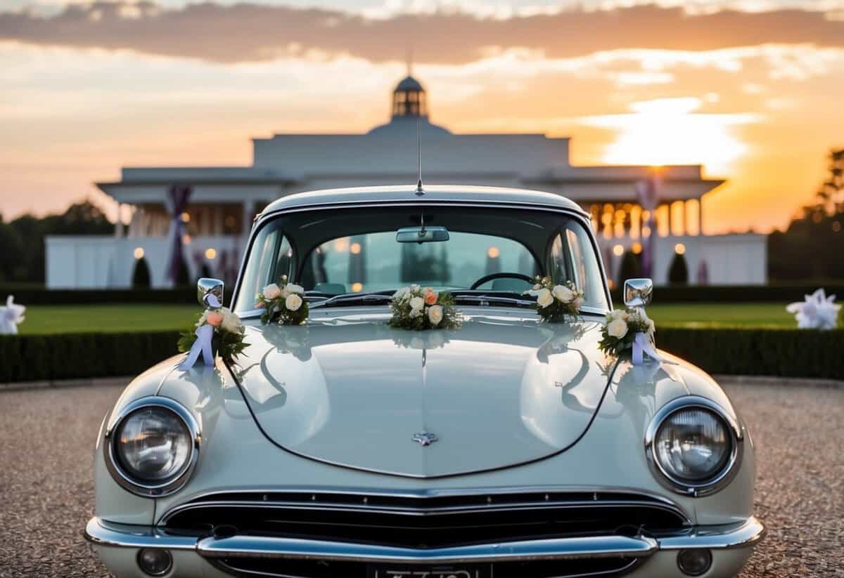 A vintage car parked in front of a grand venue, adorned with ribbons and flowers, as the sun sets in the background