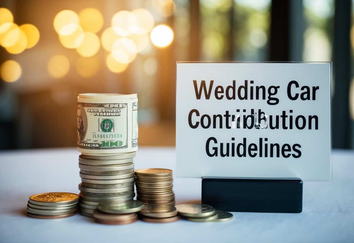 A stack of cash and coins on a table, with a sign reading "Wedding Car Contribution Guidelines" next to it