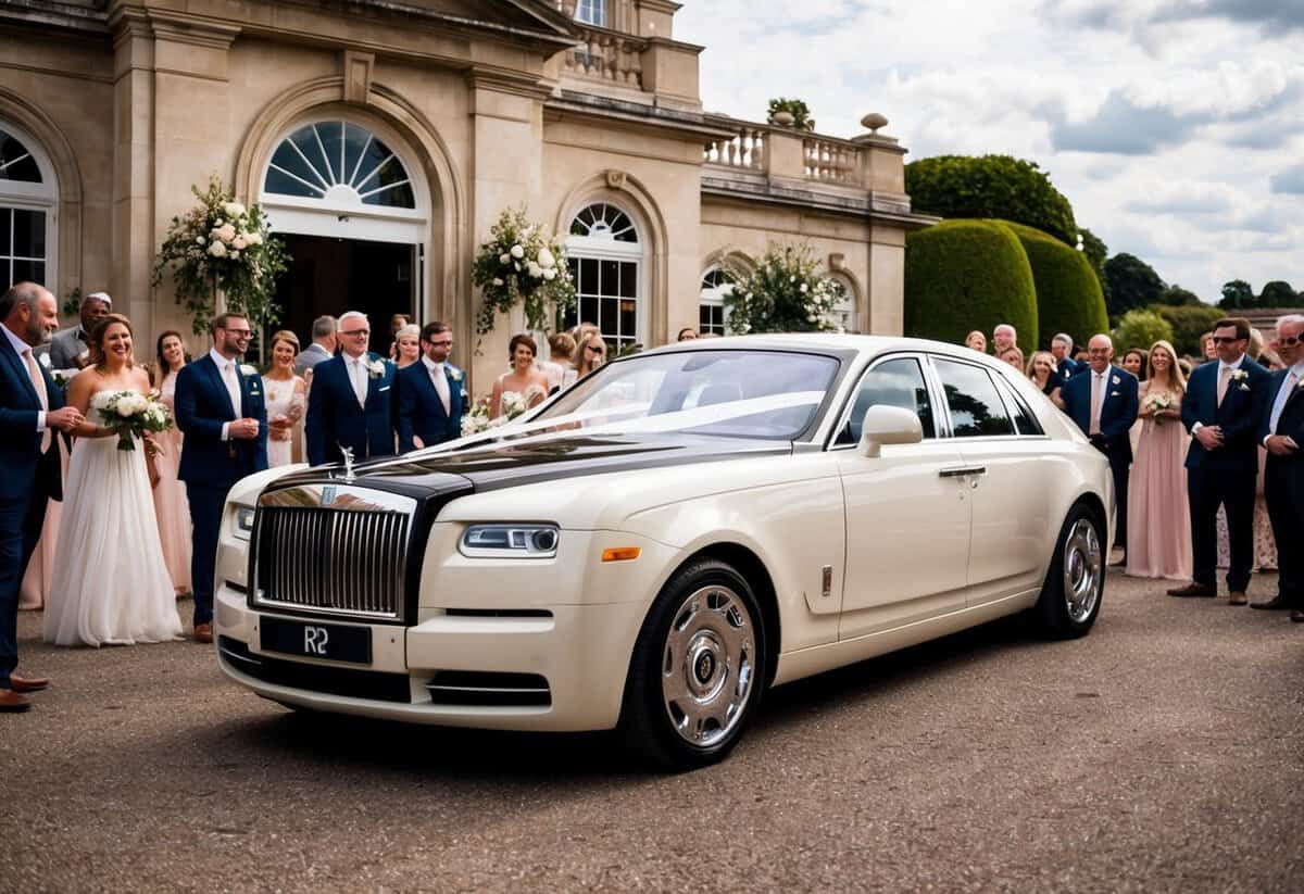 A luxurious Rolls-Royce Phantom parked outside a grand wedding venue, adorned with elegant decorations and surrounded by excited guests