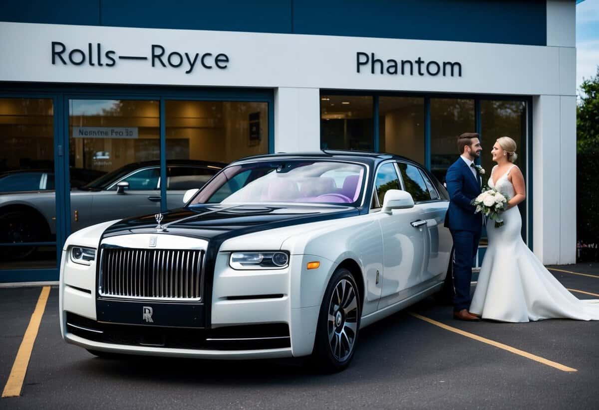 A luxurious Rolls-Royce Phantom parked outside a rental provider's office, with a couple admiring its sleek design and inquiring about wedding rental prices
