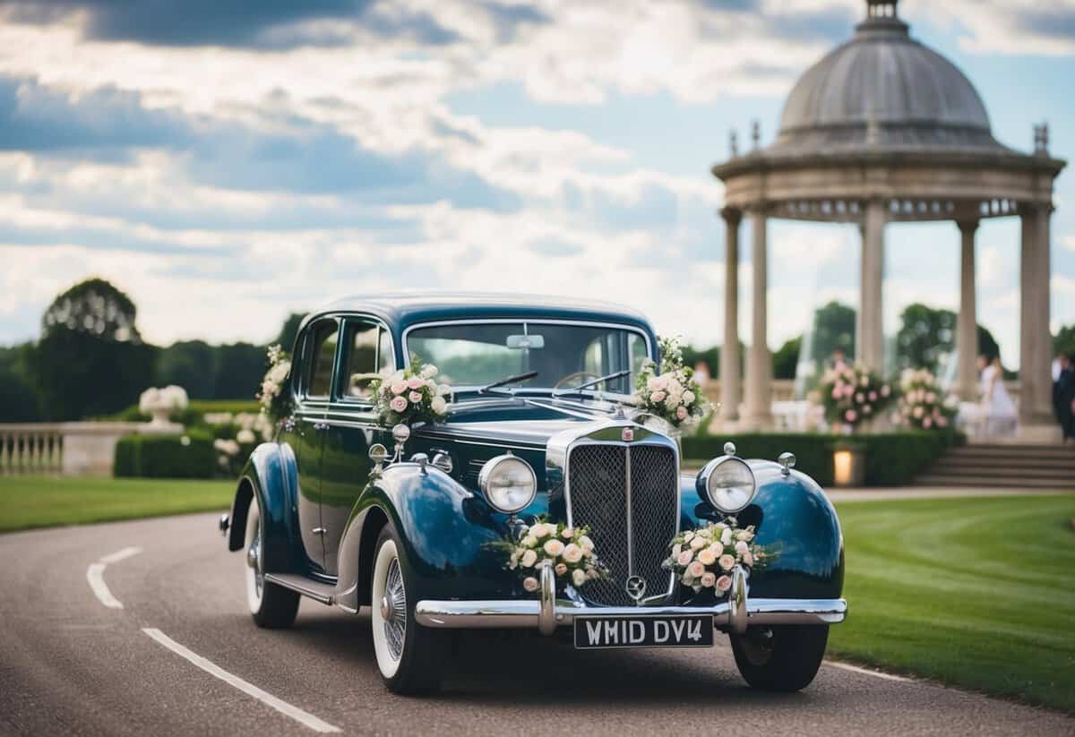 A vintage car adorned with flowers drives towards a grand wedding venue