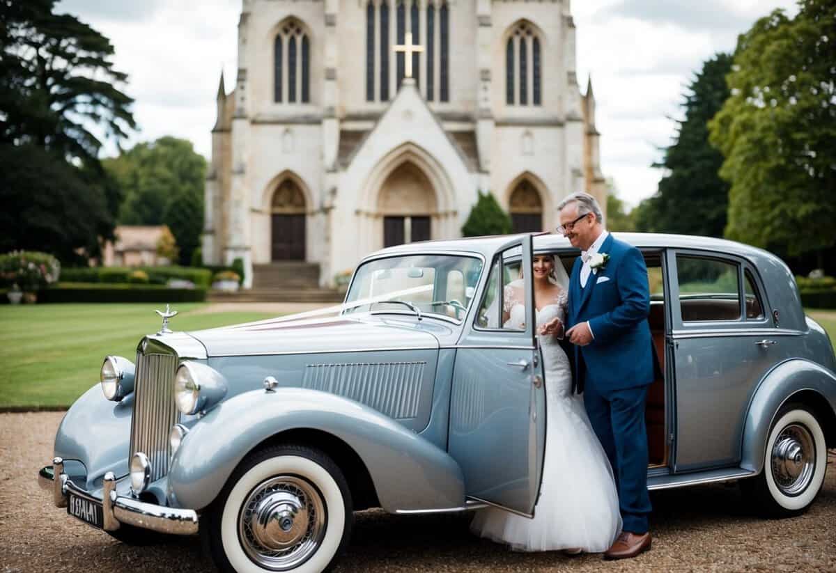 A vintage car parked in front of a grand church, with the bride's father holding the door open for the bride to step out