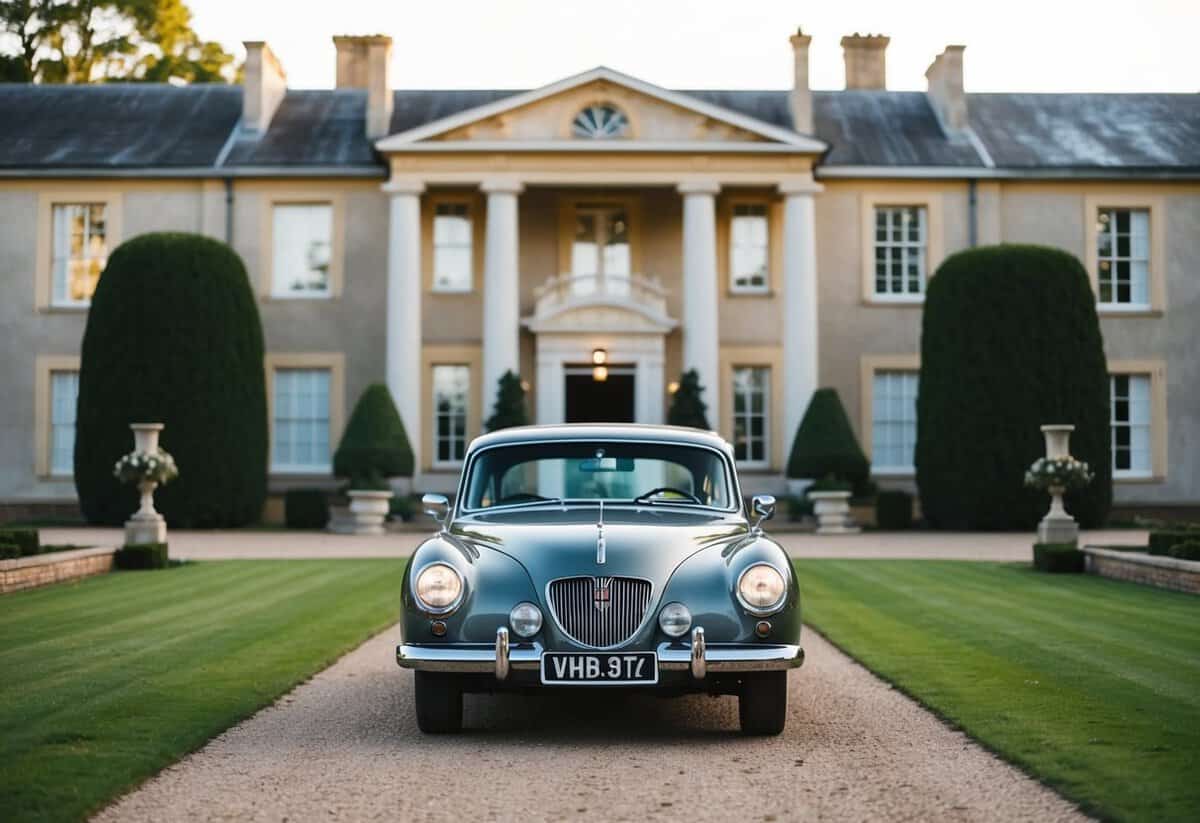A vintage car parked in front of a grand mansion, with a pathway leading to the entrance where the wedding ceremony will take place