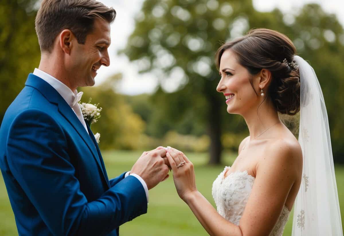 A groom presents a wedding ring to his bride, symbolizing his commitment and love