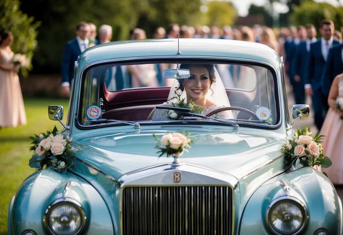 A vintage car leads the wedding procession with the bride inside, adorned with flowers and ribbons, as it makes its way to the ceremony venue
