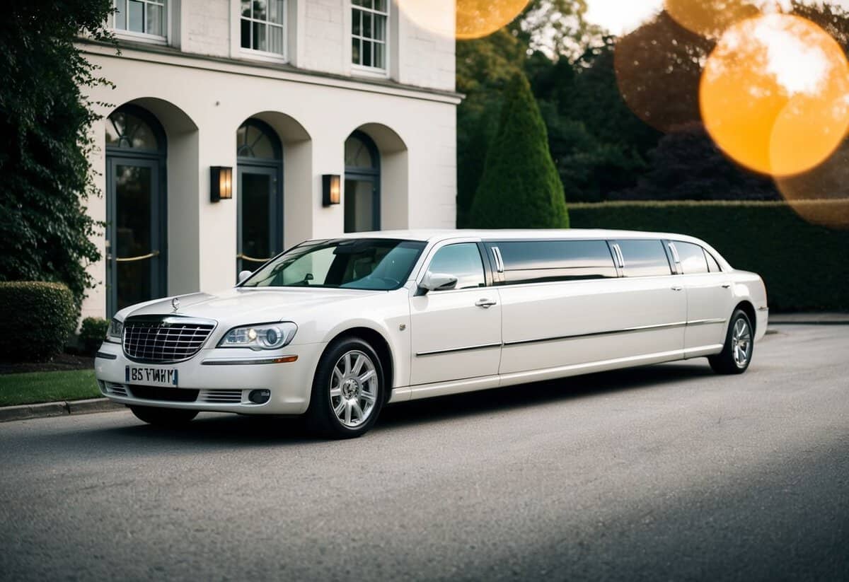 A sleek white limousine waits outside the ceremony venue, ready to whisk the bride away to her wedding