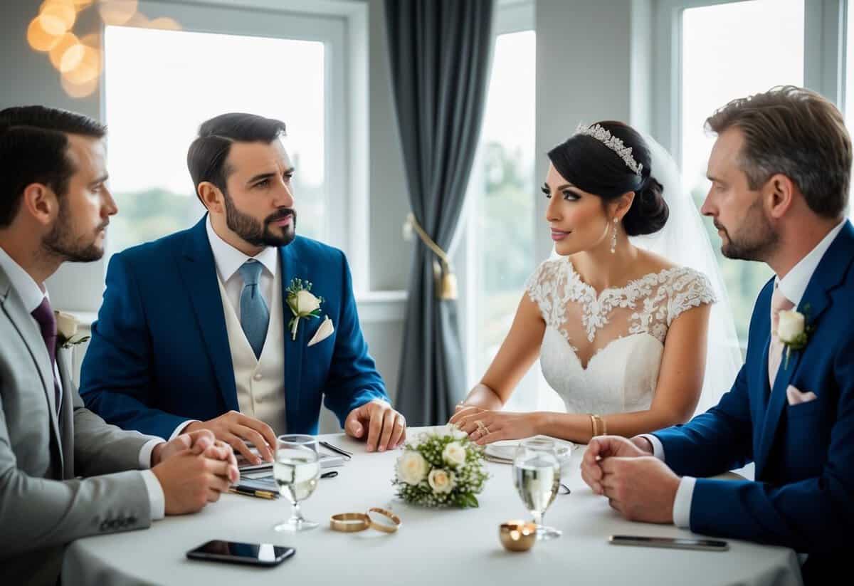 A groom and bride's families discuss finances and responsibilities for the wedding, including who will cover the cost of the wedding rings