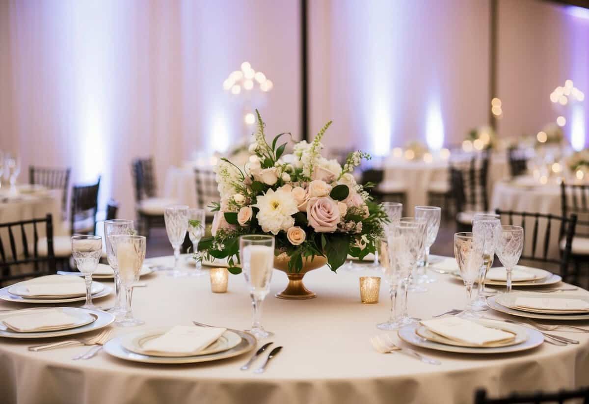 A table with elegant floral centerpieces, fine china, and sparkling glassware set for a wedding reception