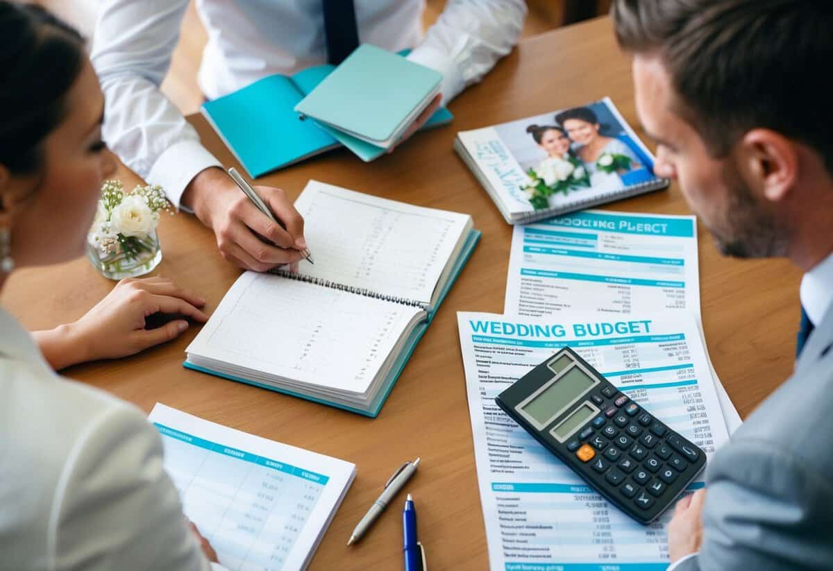 A couple sits at a table with a notebook and calculator, surrounded by wedding magazines and spreadsheets. They discuss and plan their wedding budget