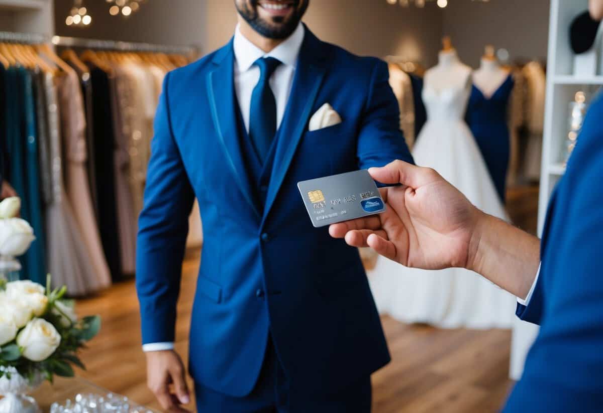 A groom handing over a credit card to a salesperson at a bridal boutique