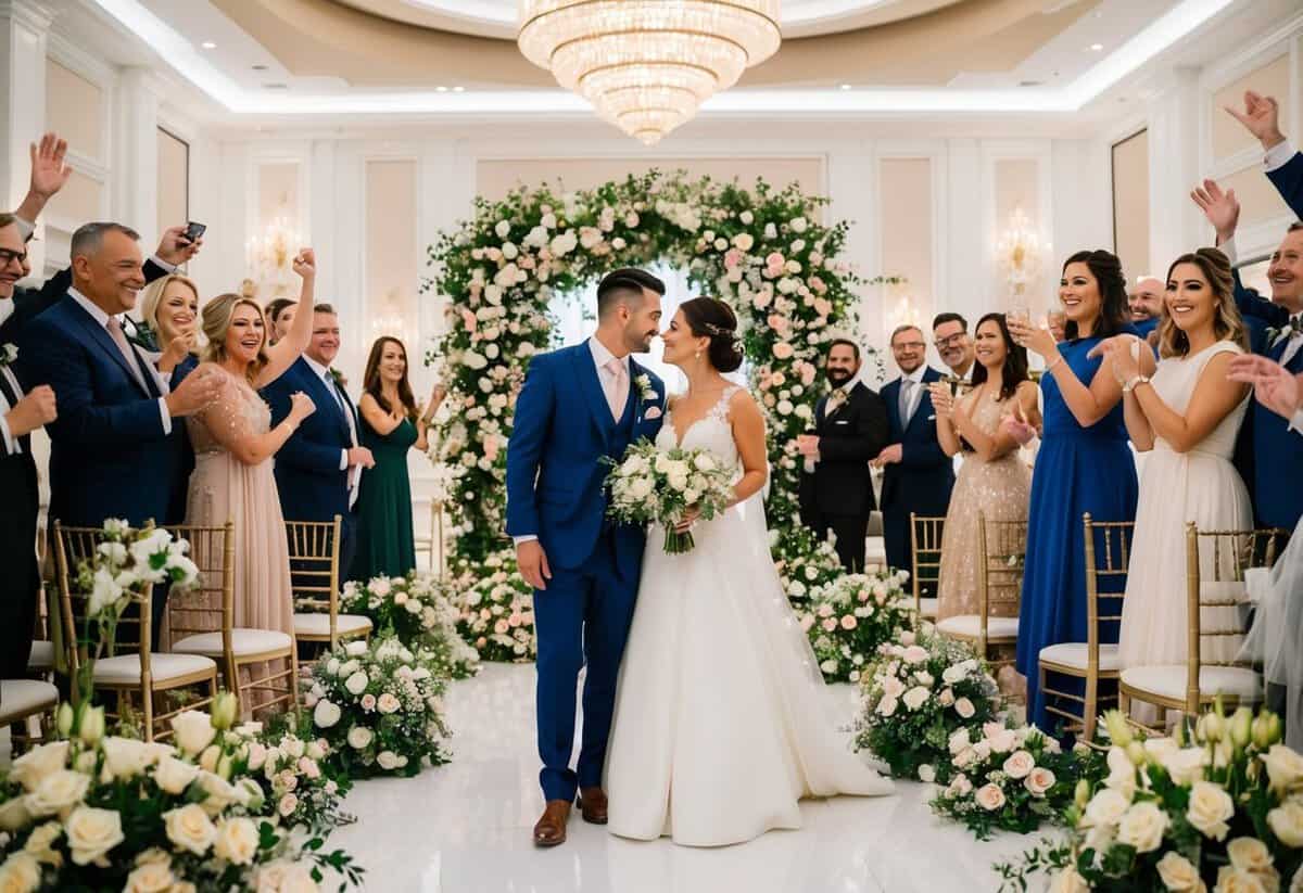 A lavish wedding venue with elegant decor and floral arrangements, surrounded by happy guests celebrating the union of a couple
