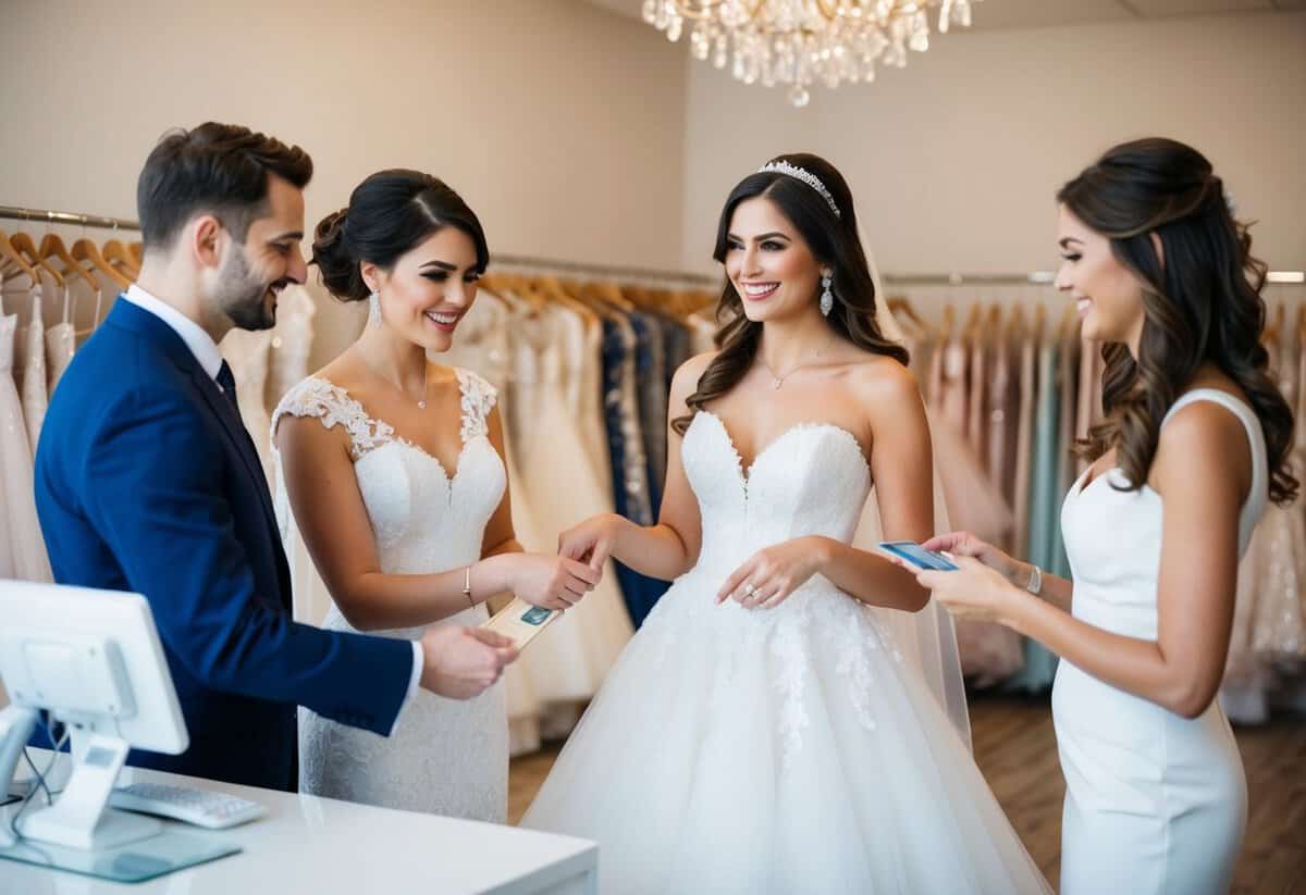 A bride's dress being purchased by the bride's family with a cashier processing the payment at a bridal boutique