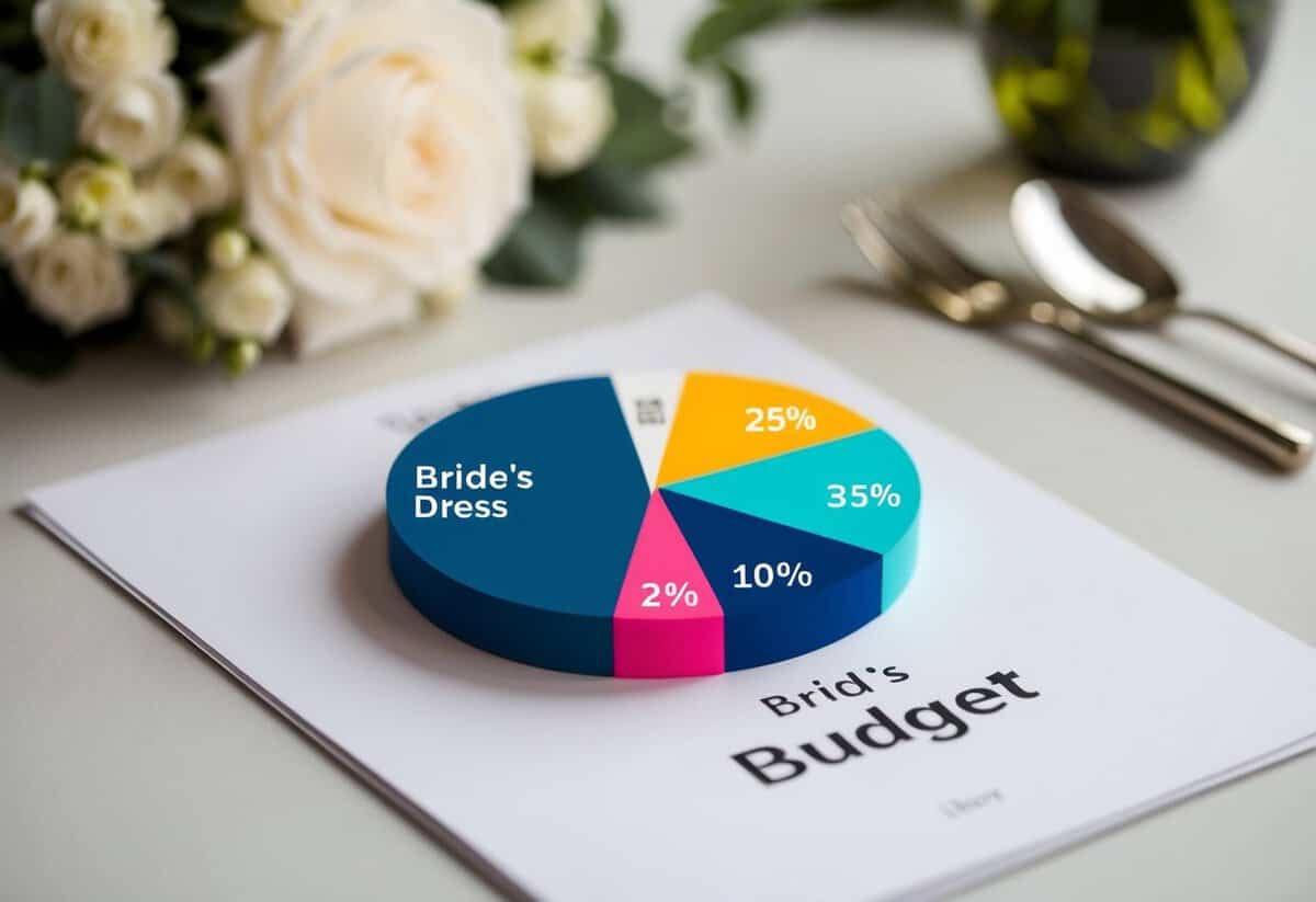 A wedding budget pie chart with a slice labeled "bride's dress" being split between multiple contributors