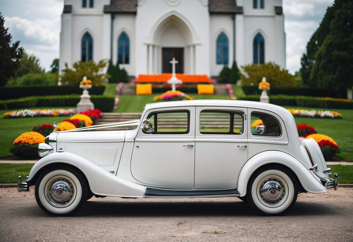 A classic white wedding car parked in front of a grand church with colorful flower decorations