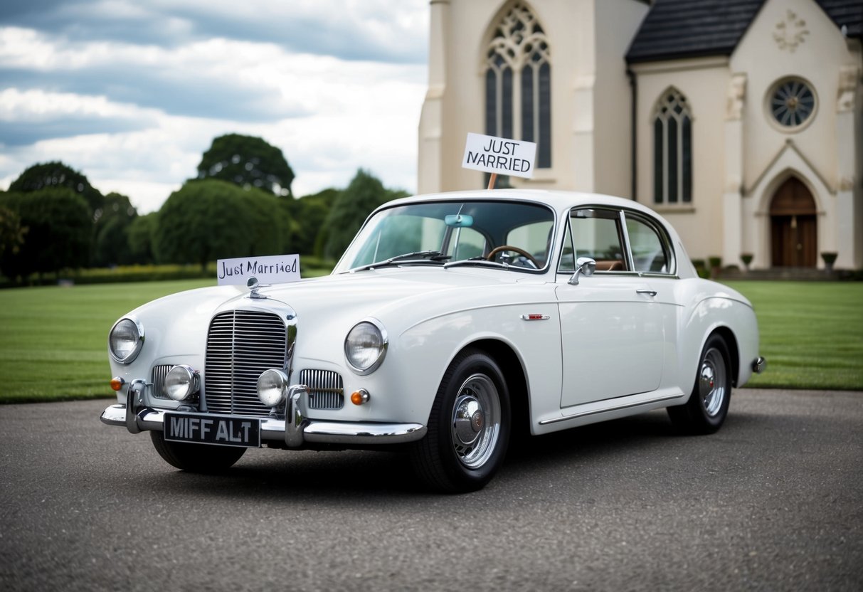 A sleek white vintage car parked in front of a grand church with a "just married" sign tied to the back
