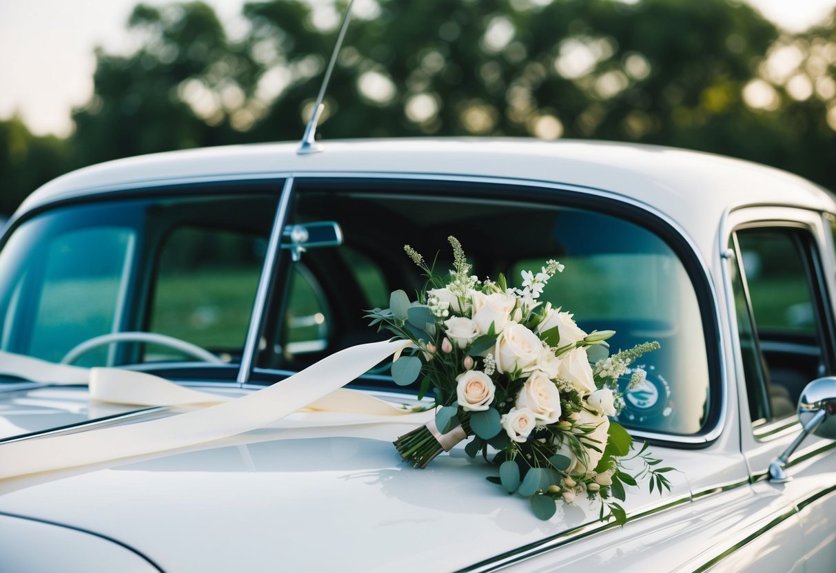 A white wedding car adorned with ribbons and flowers