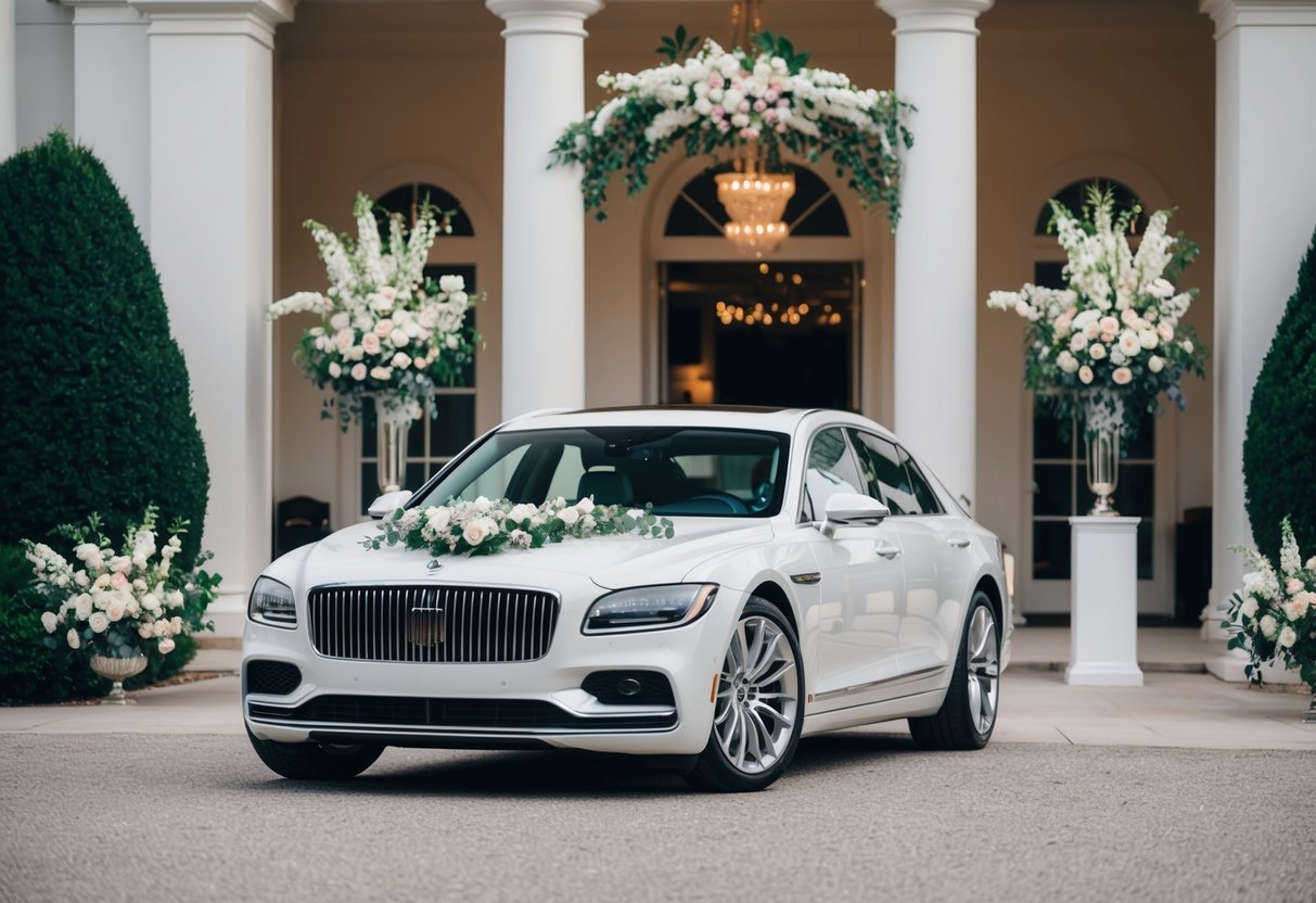 A sleek, white wedding car pulls up to a grand venue, adorned with elegant floral decorations matching the wedding theme
