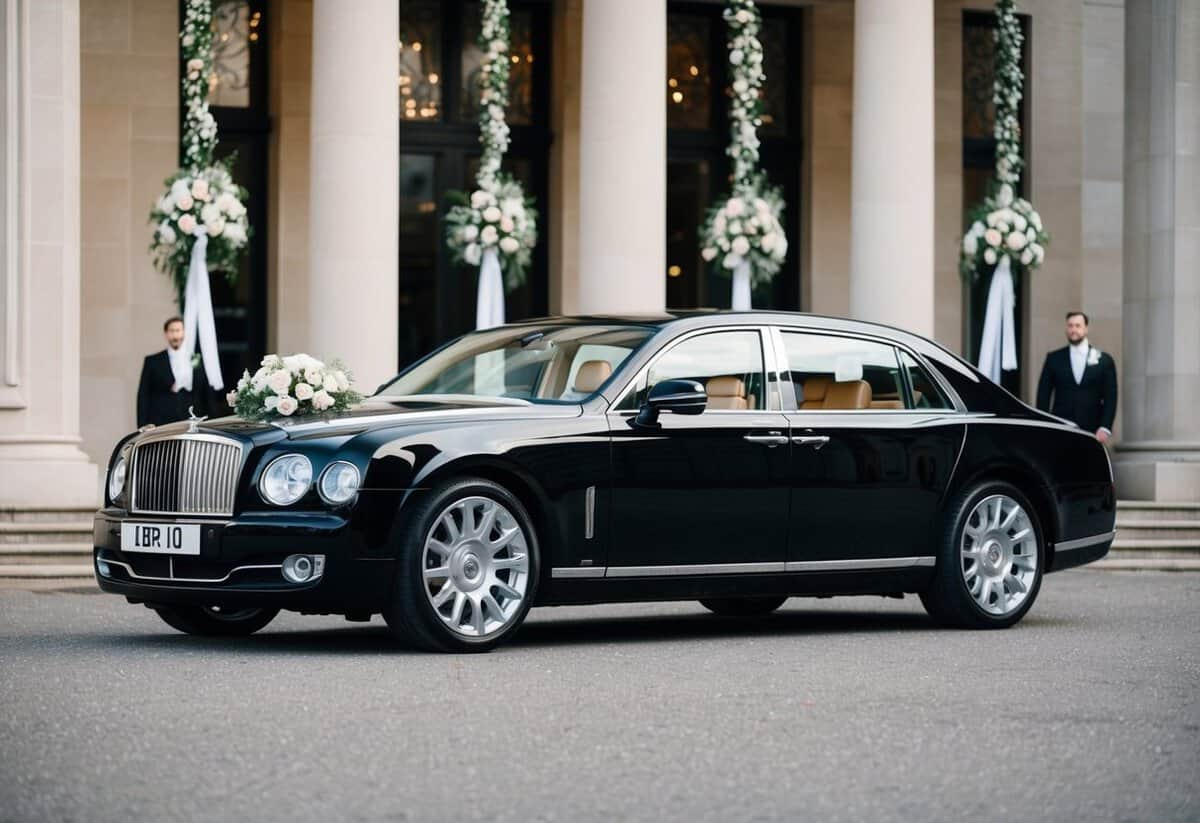 A sleek black luxury car waits outside a grand venue, adorned with floral decorations and ribbons, ready to chauffeur a newlywed couple