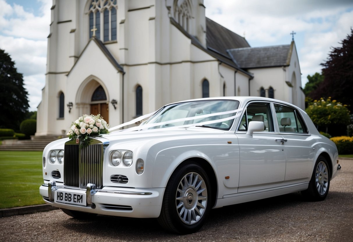 A sleek white wedding car parked in front of a grand church, adorned with elegant floral decorations and ribbons