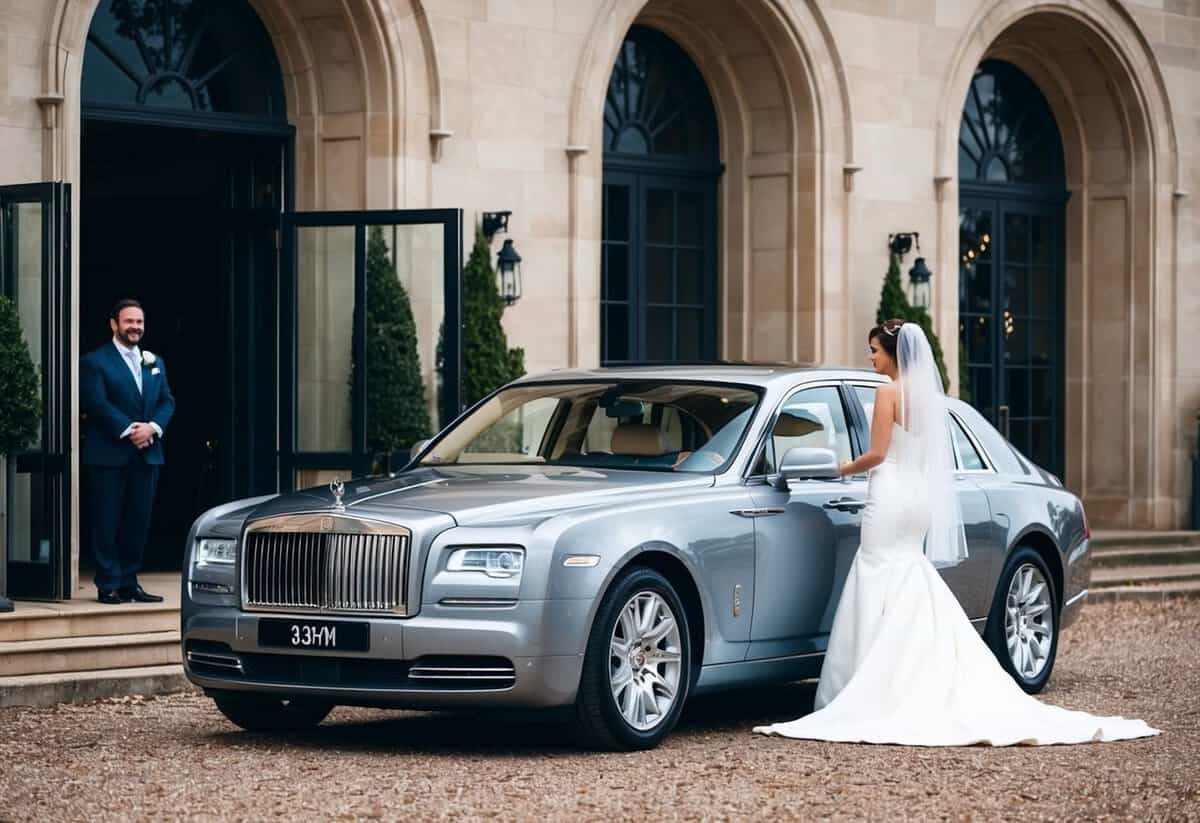 A luxurious car parked outside a grand venue, with a chauffeur standing by, ready to drive the newlyweds to their next destination