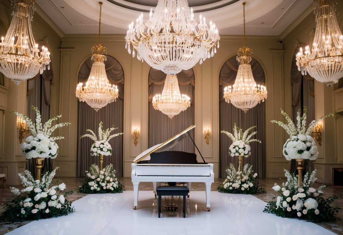 A grand ballroom adorned with crystal chandeliers, elegant floral arrangements, and gold-accented decor. A white grand piano sits in the corner, adding to the sophisticated ambiance