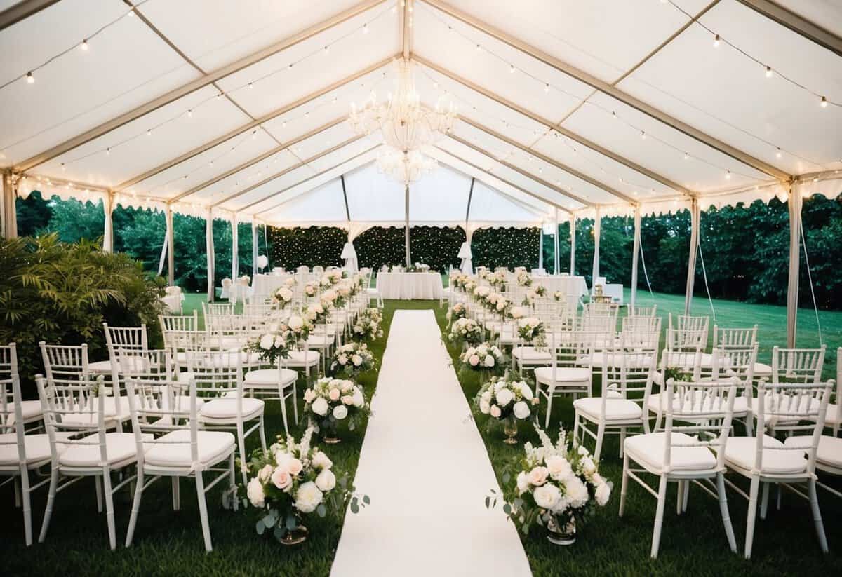 A grand outdoor wedding with rows of chairs and floral arrangements under a large white tent, surrounded by lush greenery and twinkling string lights