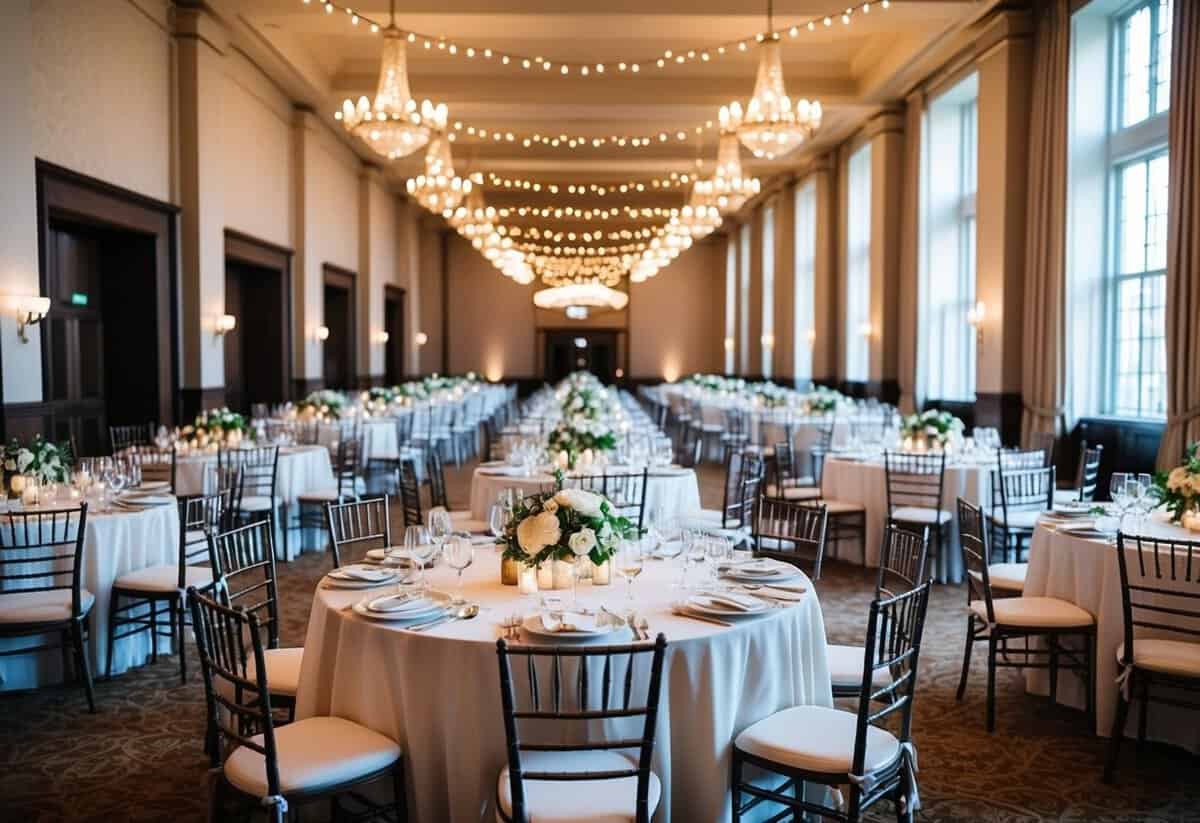 A grand banquet hall with rows of elegantly set tables and chairs, adorned with floral centerpieces and twinkling lights, ready for a wedding celebration