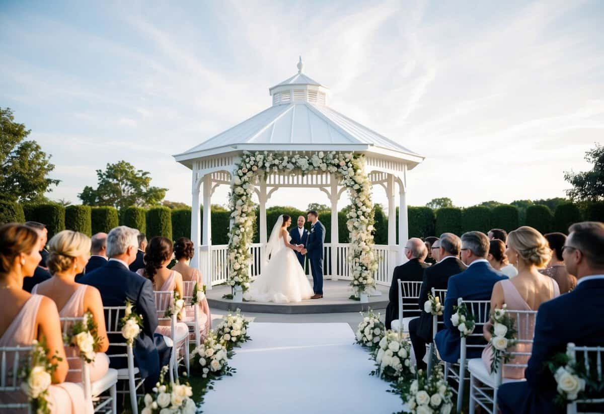 A lavish outdoor wedding with a white gazebo, elegant floral arrangements, and guests dressed in formal attire