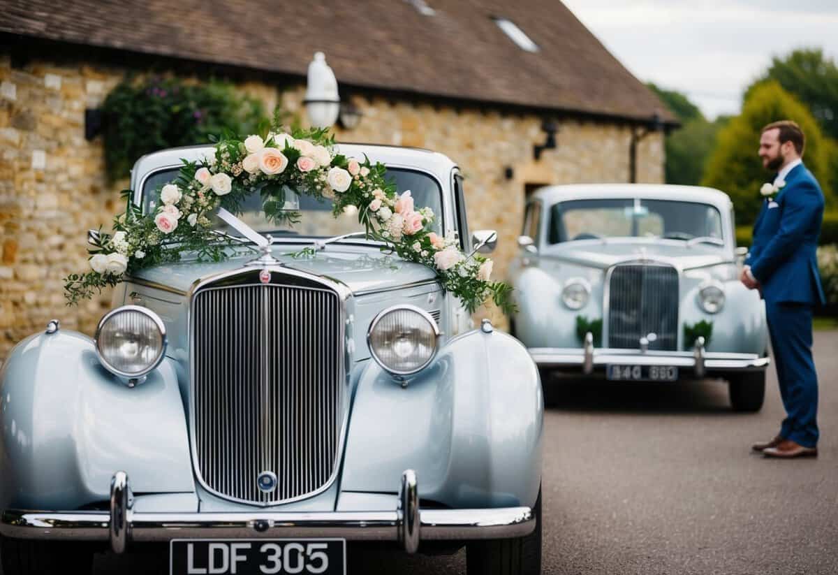 A vintage car adorned with flowers awaits the groom outside the wedding venue