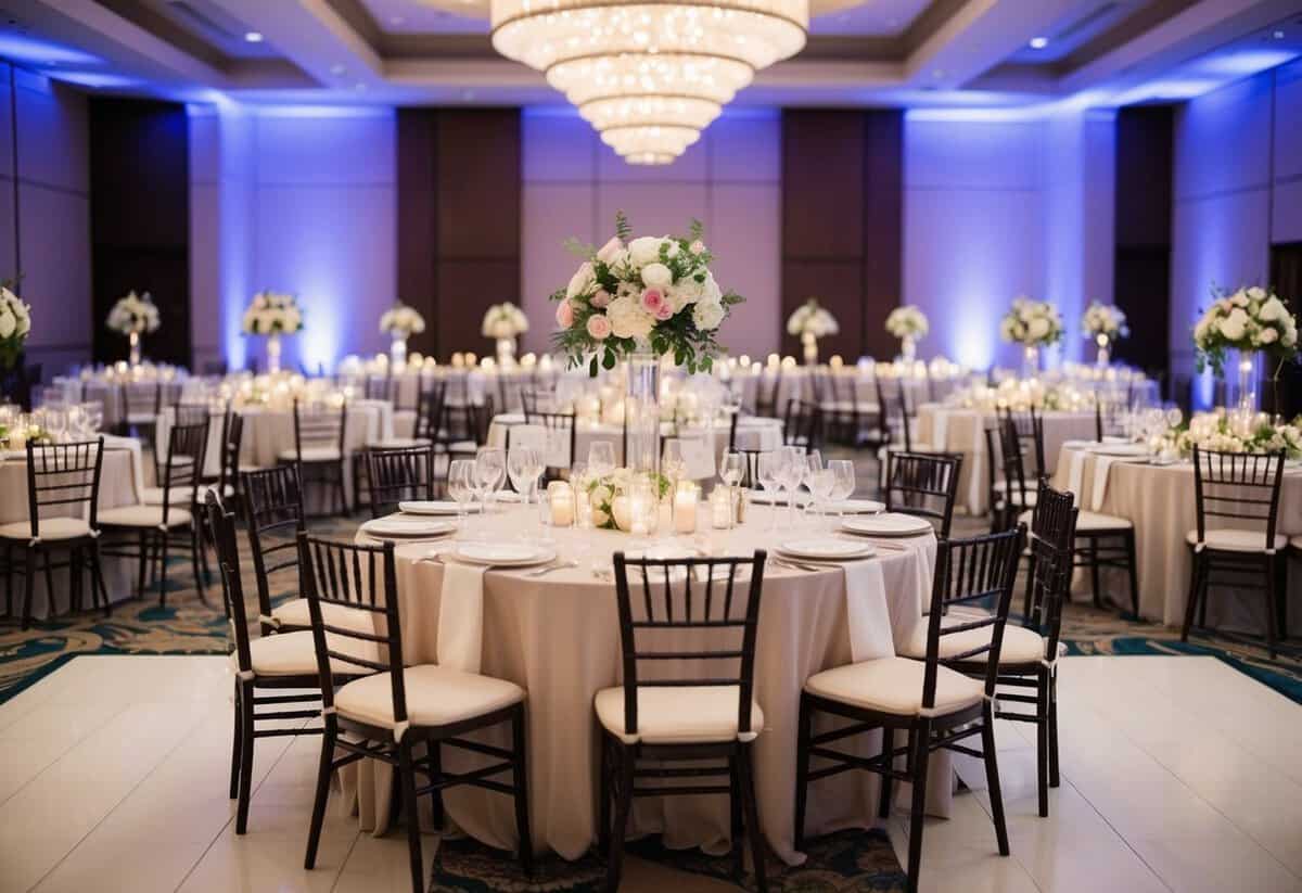 A large, elegant banquet hall with tables set for a wedding reception, adorned with flowers and candles