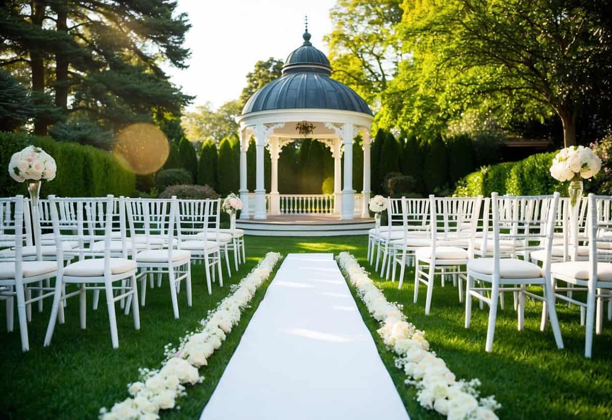 A sunlit garden with elegant white chairs, a floral arch, and a flowing white aisle runner leading to a grand, ornate gazebo
