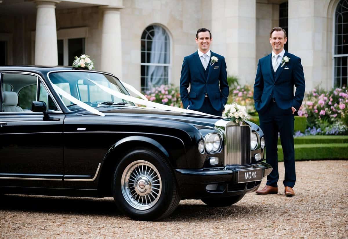 A sleek, black wedding car parked outside a grand venue, adorned with ribbons and flowers. The groom stands beside it, smiling with anticipation