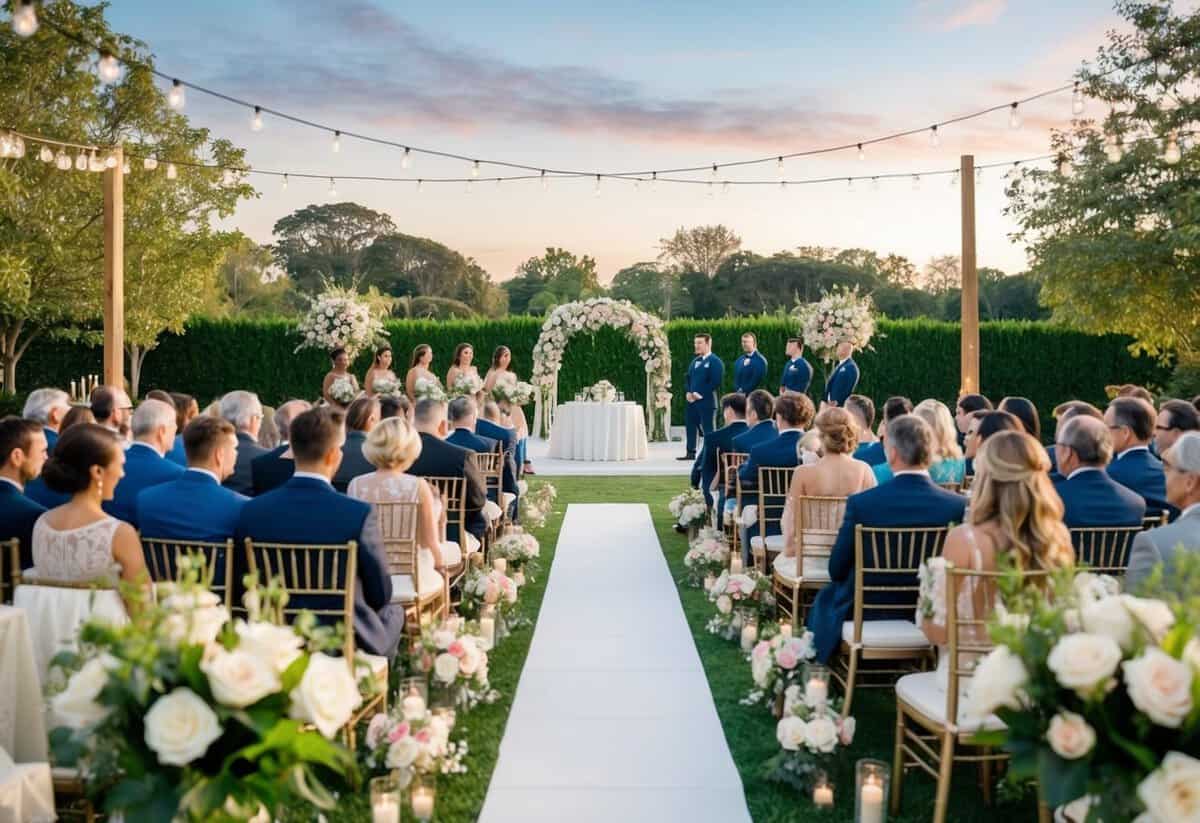 A beautiful outdoor wedding venue with seating for 200 people, adorned with flowers and elegant decorations