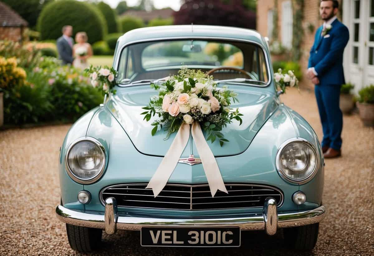 A classic vintage car adorned with flowers and ribbons awaits the groom outside the wedding venue
