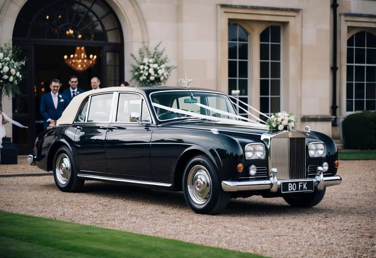 A sleek, polished wedding car waits outside a grand venue, adorned with ribbons and flowers, ready to transport the groom and his guests